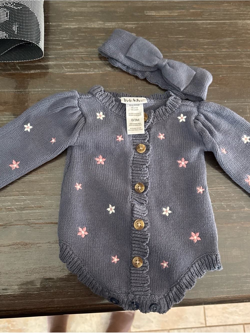 Nicole Miller Blue Knit Floral Embroidered Baby One-Piece with Headband - 0/3M